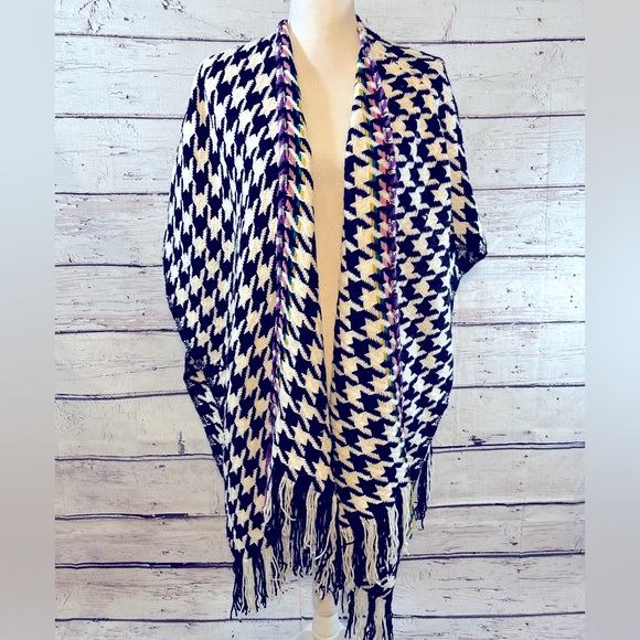 Chico's Sweaters - CHICO'S Poncho/Wrap Black & White Houndstooth with Multicolor Accent-OS
